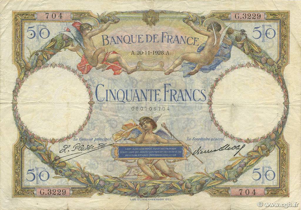 50 Francs LUC OLIVIER MERSON FRANCE  1928 F.15.02 VF-
