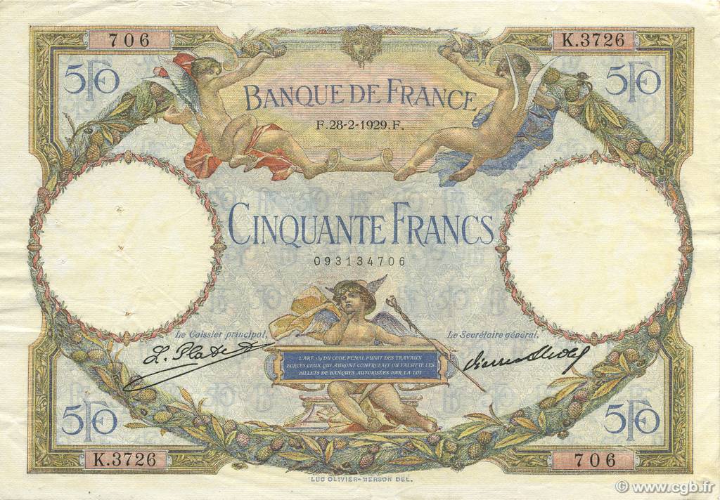 50 Francs LUC OLIVIER MERSON FRANCIA  1929 F.15.03 q.SPL