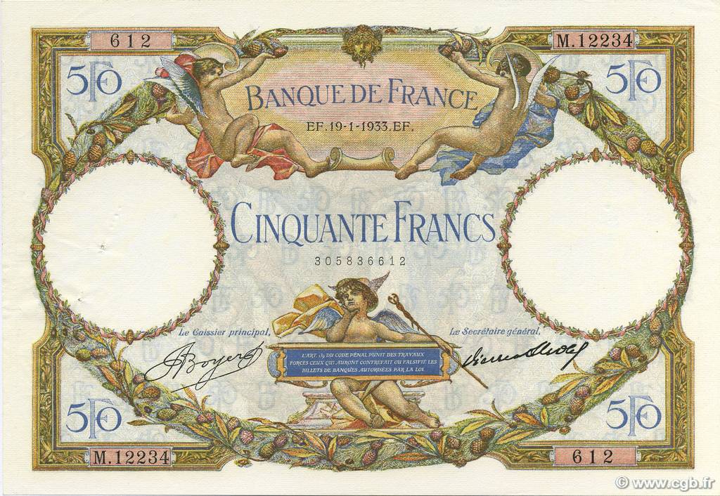 50 Francs LUC OLIVIER MERSON type modifié FRANCIA  1933 F.16.04 q.AU