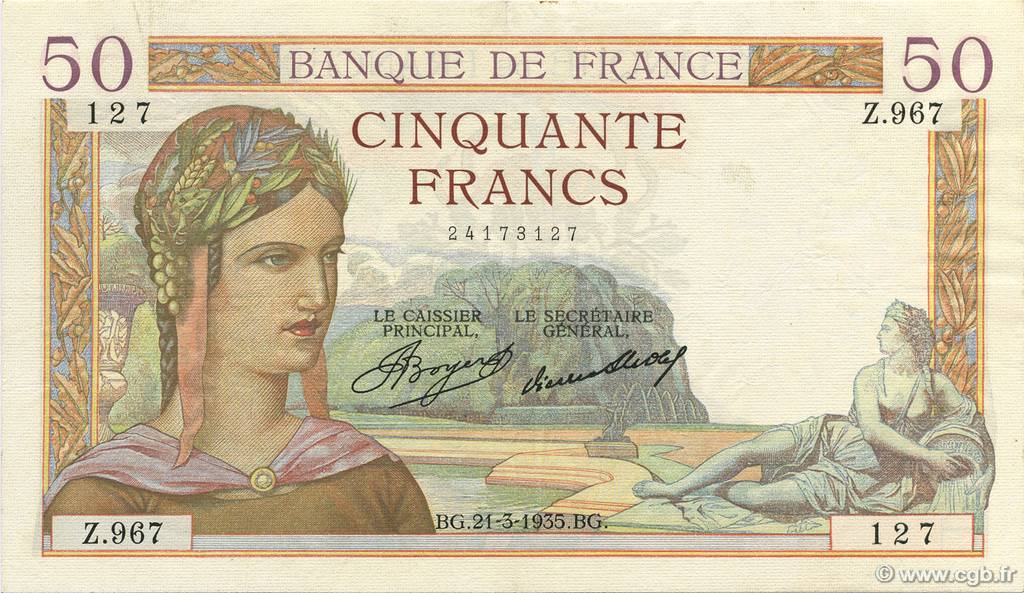50 Francs CÉRÈS FRANKREICH  1935 F.17.06 SS to VZ