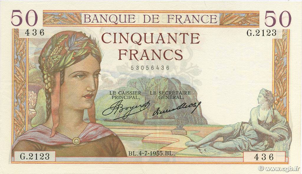 50 Francs CÉRÈS FRANCIA  1935 F.17.12 SPL+
