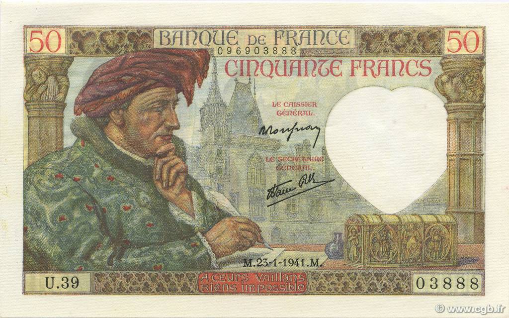 50 Francs JACQUES CŒUR FRANCIA  1941 F.19.05 FDC