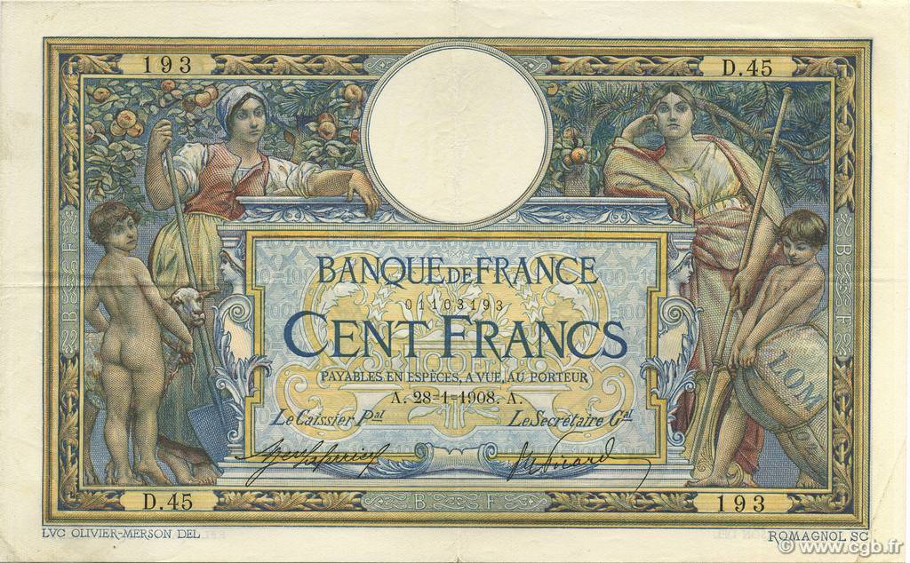 100 Francs LUC OLIVIER MERSON avec LOM FRANCIA  1908 F.22.01 q.SPL