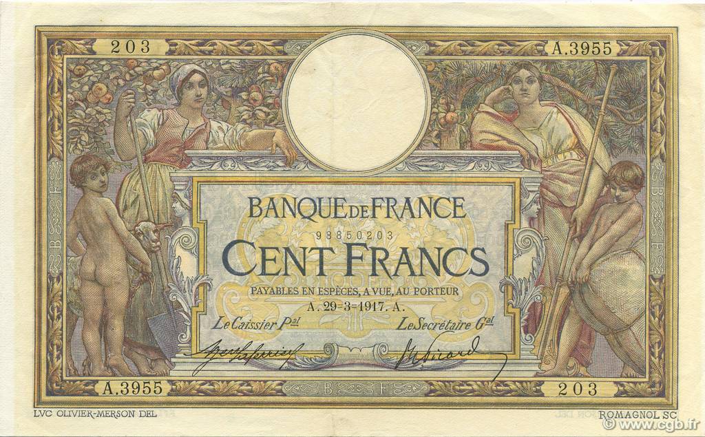 100 Francs LUC OLIVIER MERSON sans LOM FRANCE  1917 F.23.09 XF+