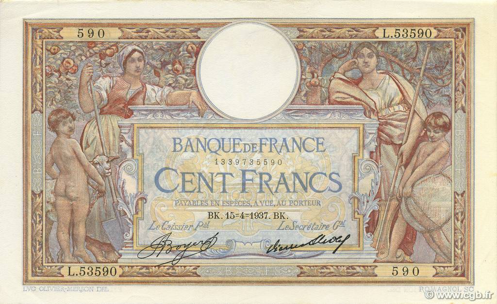 100 Francs LUC OLIVIER MERSON grands cartouches FRANCE  1937 F.24.16 XF