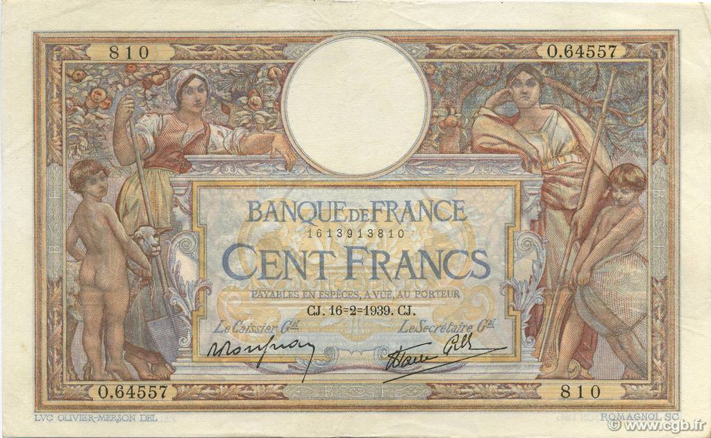 100 Francs LUC OLIVIER MERSON type modifié FRANKREICH  1939 F.25.43 VZ+