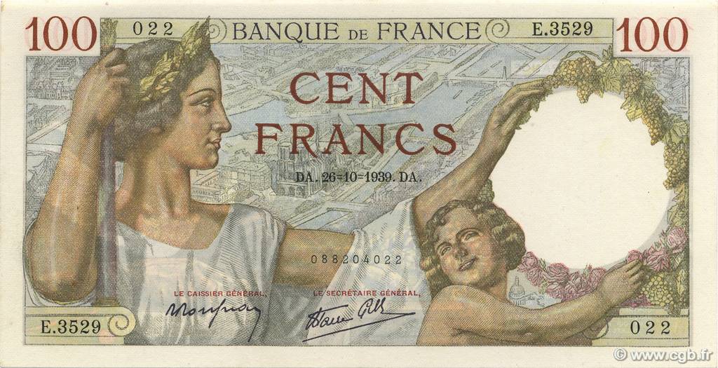 100 Francs SULLY FRANKREICH  1939 F.26.12 fST