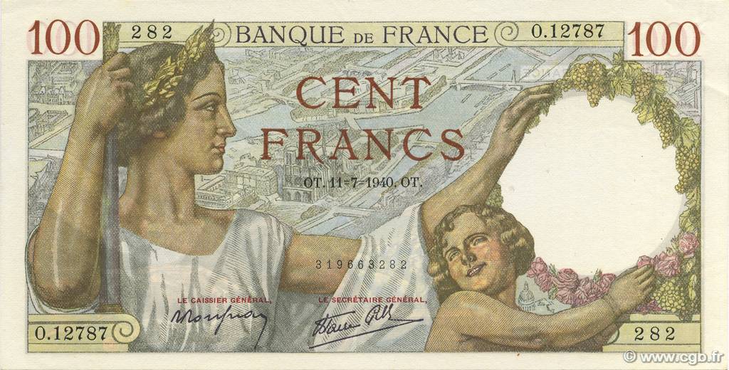 100 Francs SULLY FRANCE  1940 F.26.33 UNC-