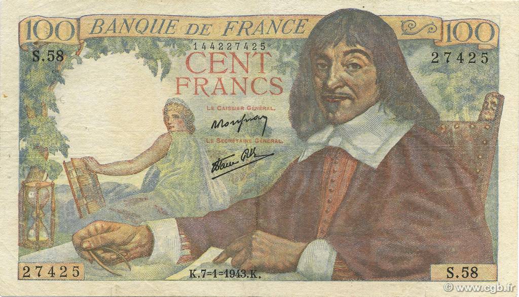 100 Francs DESCARTES FRANCE  1943 F.27.03 F - VF