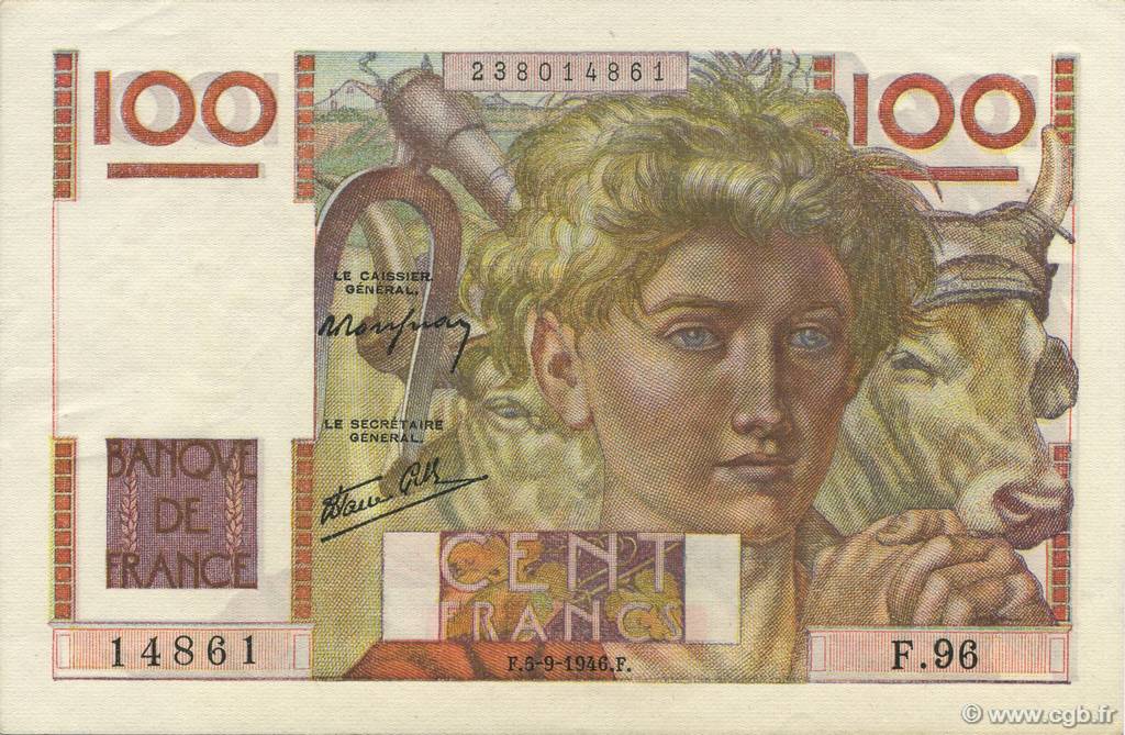 100 Francs JEUNE PAYSAN FRANCE  1946 F.28.08 UNC-