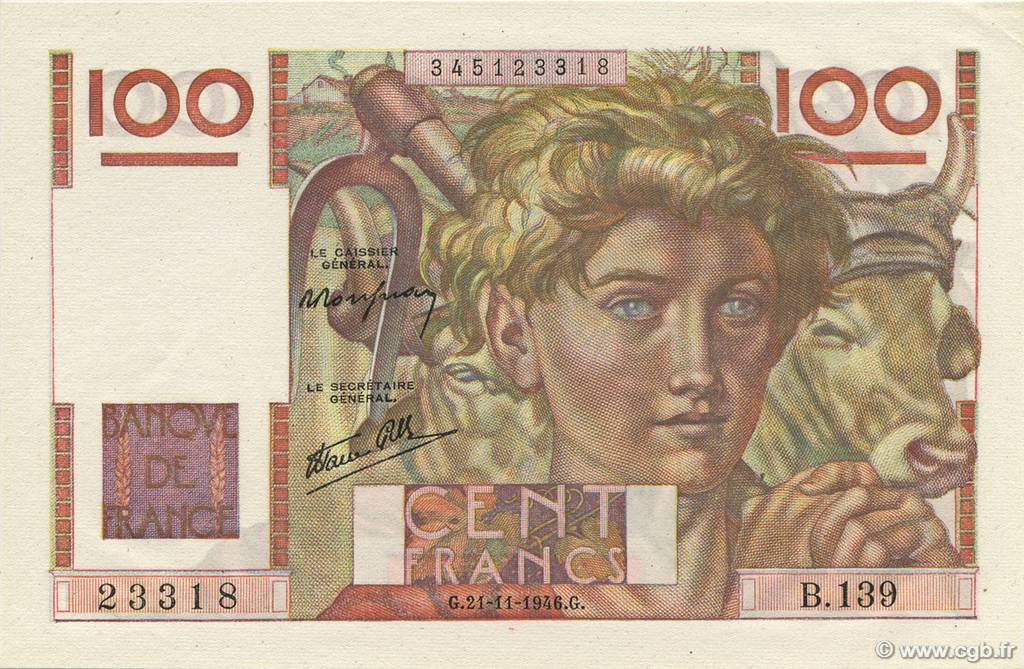100 Francs JEUNE PAYSAN FRANKREICH  1946 F.28.11 fST+