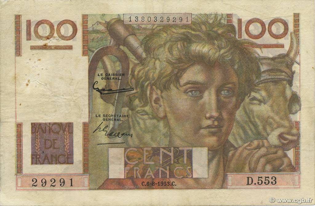 100 Francs JEUNE PAYSAN filigrane inversé FRANCE  1953 F.28bis.02 F
