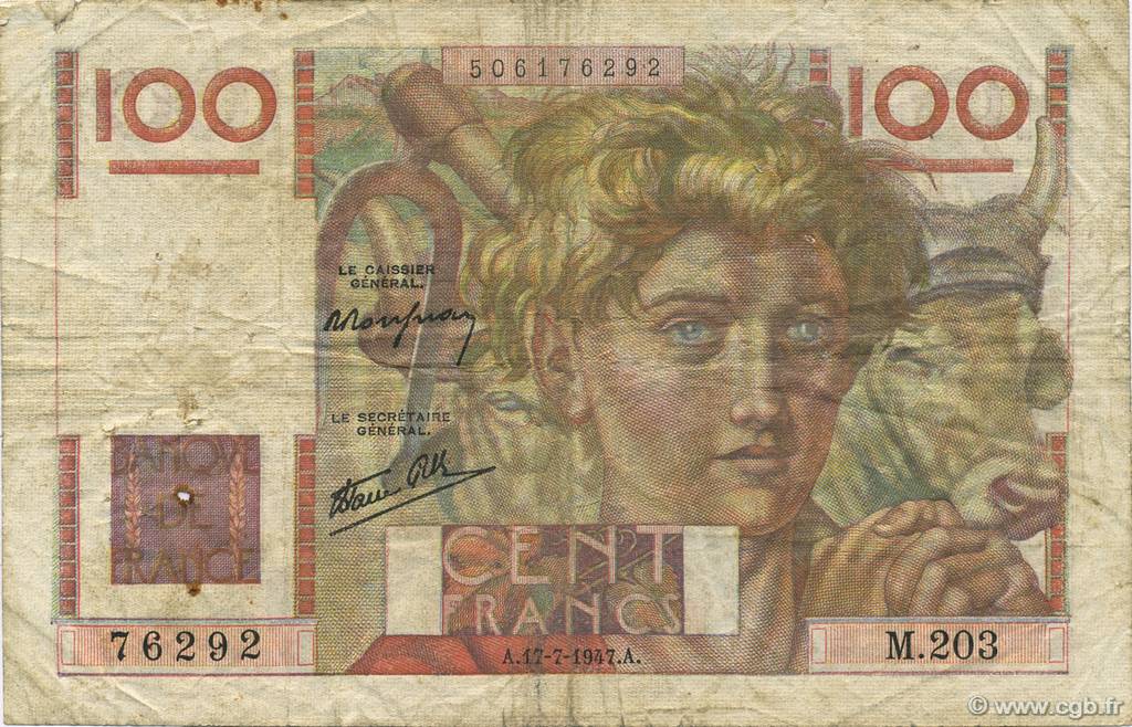 100 Francs JEUNE PAYSAN Favre-Gilly FRANCE  1947 F.28ter.01 VG