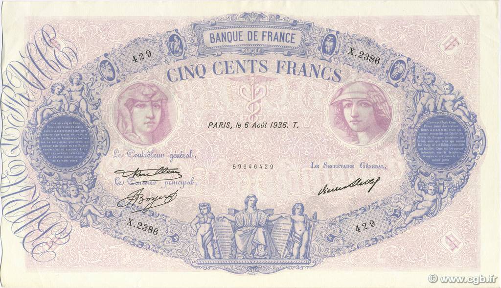 500 Francs BLEU ET ROSE FRANCIA  1936 F.30.37 AU
