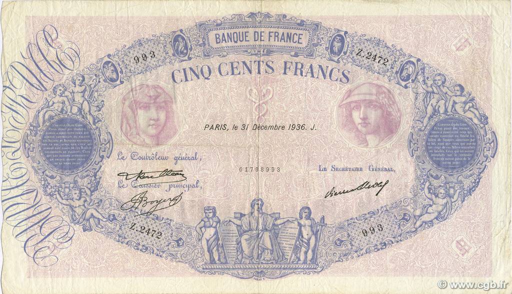 500 Francs BLEU ET ROSE FRANCIA  1936 F.30.37 MB a BB