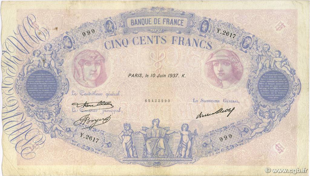 500 Francs BLEU ET ROSE FRANCIA  1937 F.30.38 BC+