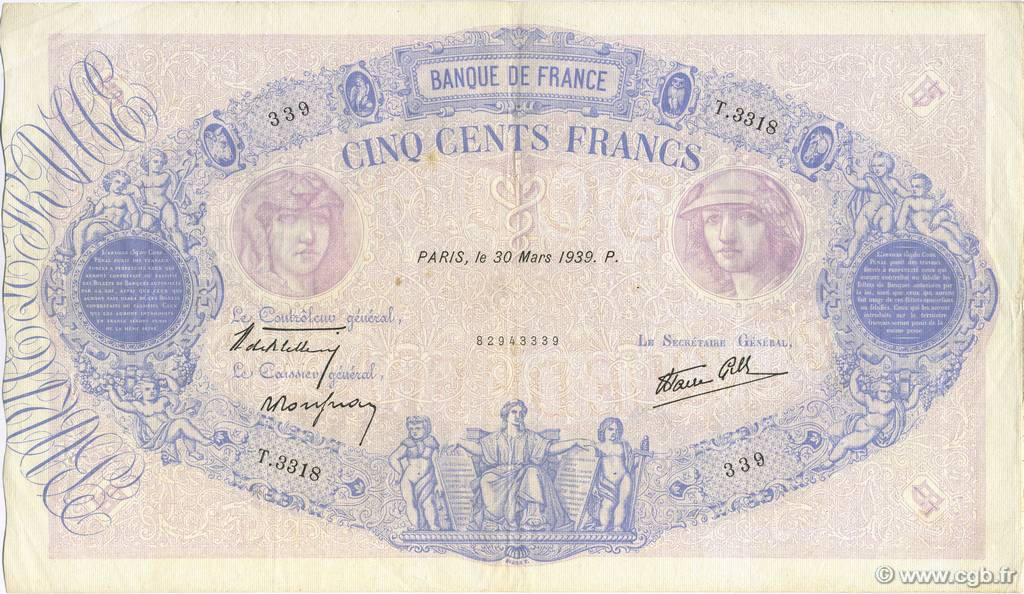 500 Francs BLEU ET ROSE modifié FRANKREICH  1939 F.31.29 fVZ to VZ
