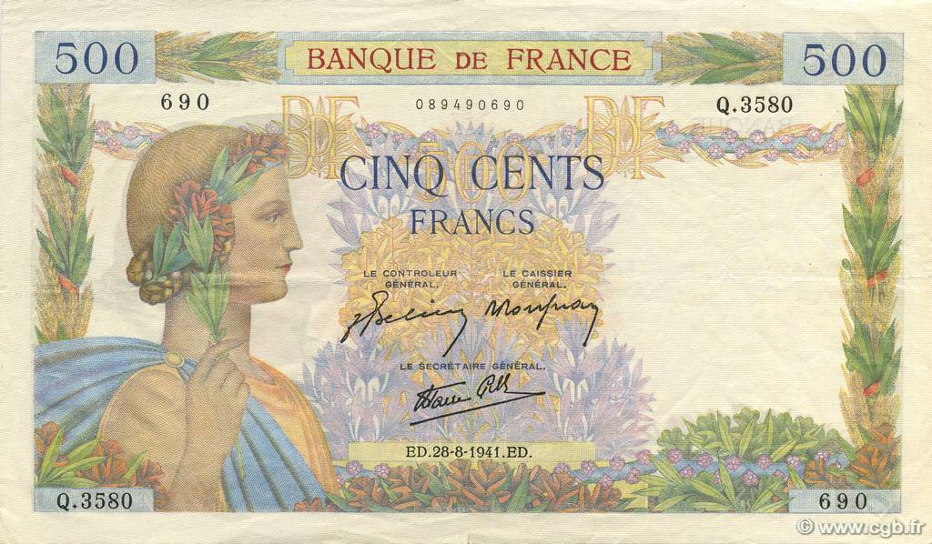 500 Francs LA PAIX FRANKREICH  1941 F.32.21 VZ