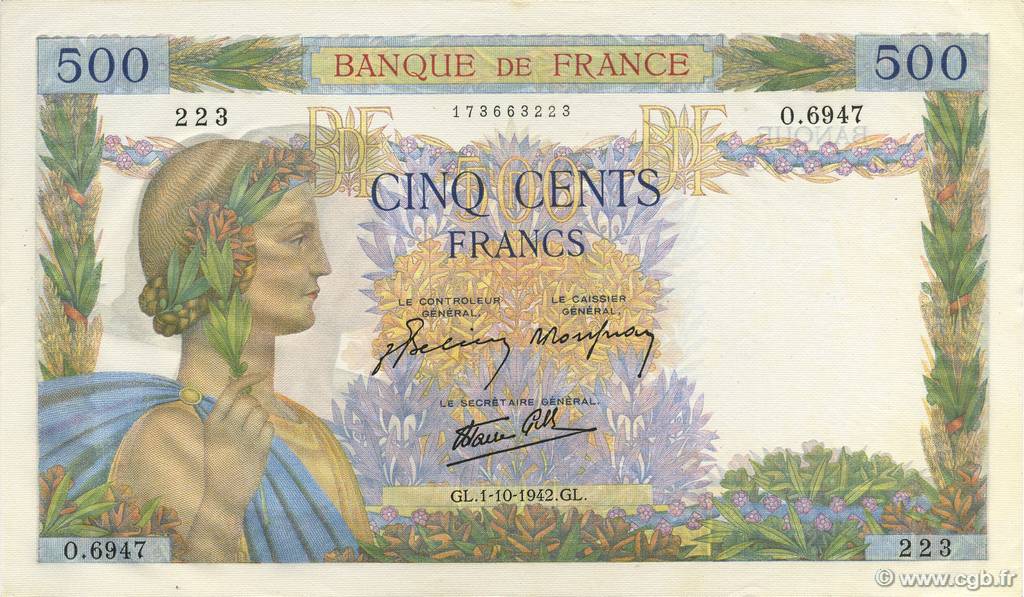 500 Francs LA PAIX FRANCE  1942 F.32.41 UNC