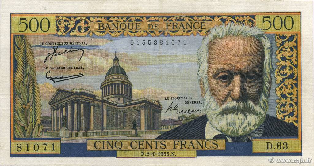 500 Francs VICTOR HUGO FRANKREICH  1955 F.35.04 VZ+