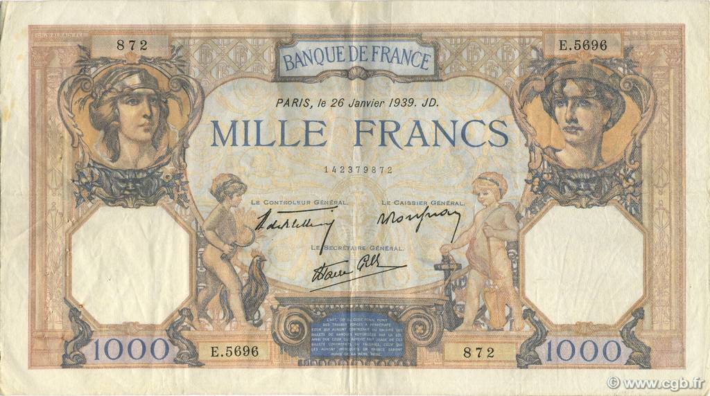 1000 Francs CÉRÈS ET MERCURE type modifié FRANCE  1939 F.38.33 VF