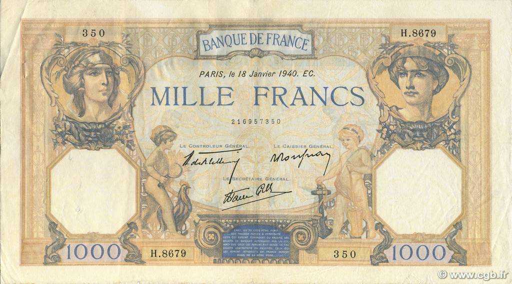 1000 Francs CÉRÈS ET MERCURE type modifié FRANCE  1940 F.38.41 VF
