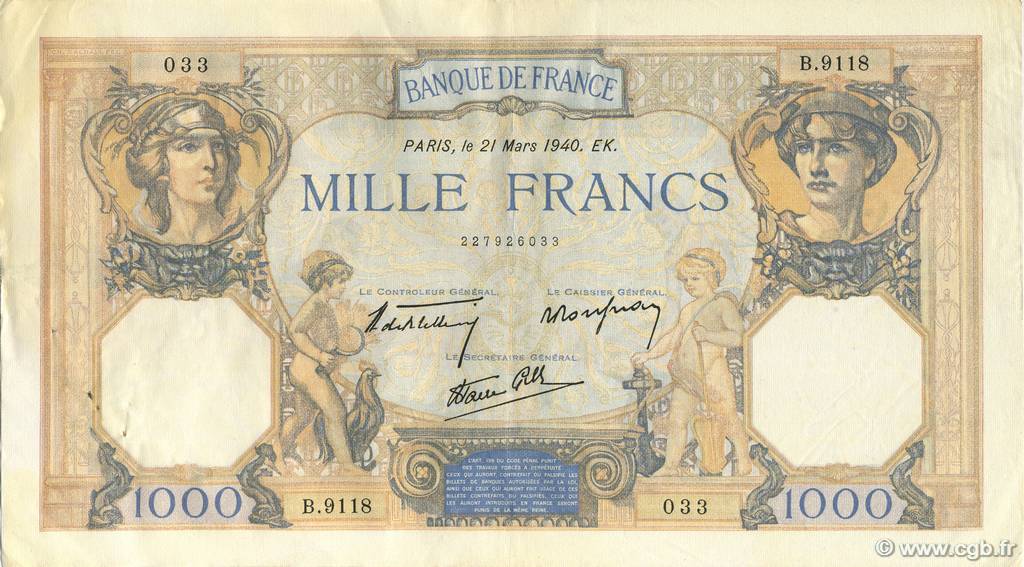 1000 Francs CÉRÈS ET MERCURE type modifié FRANKREICH  1940 F.38.44 SS to VZ