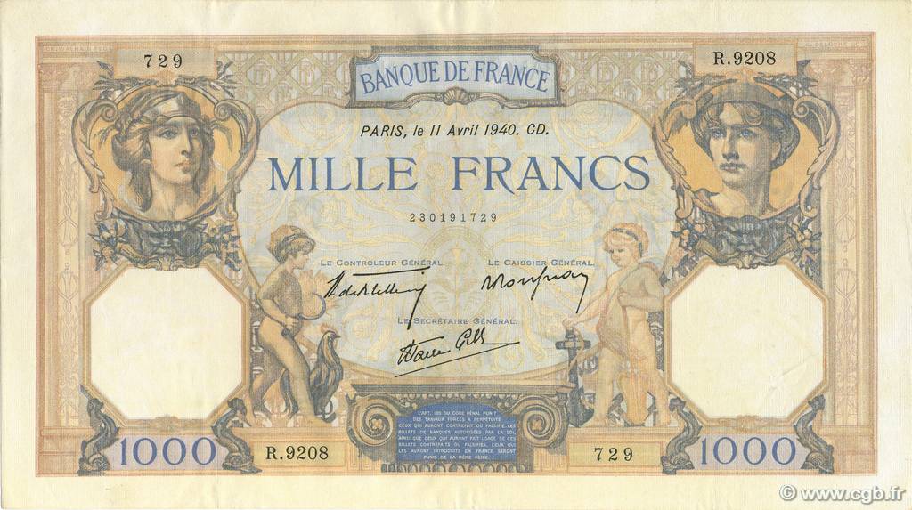 1000 Francs CÉRÈS ET MERCURE type modifié FRANCIA  1940 F.38.45 SPL+