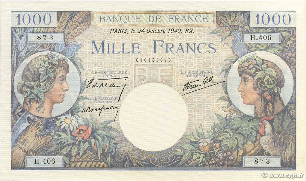 1000 Francs COMMERCE ET INDUSTRIE FRANCIA  1940 F.39.01 SC