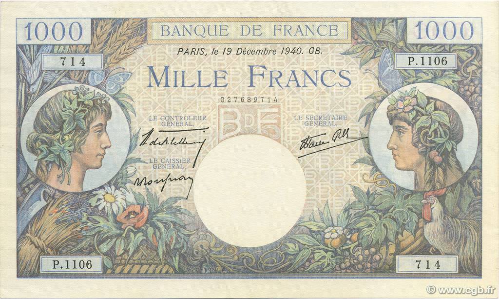 1000 Francs COMMERCE ET INDUSTRIE FRANCE  1940 F.39.03 XF - AU
