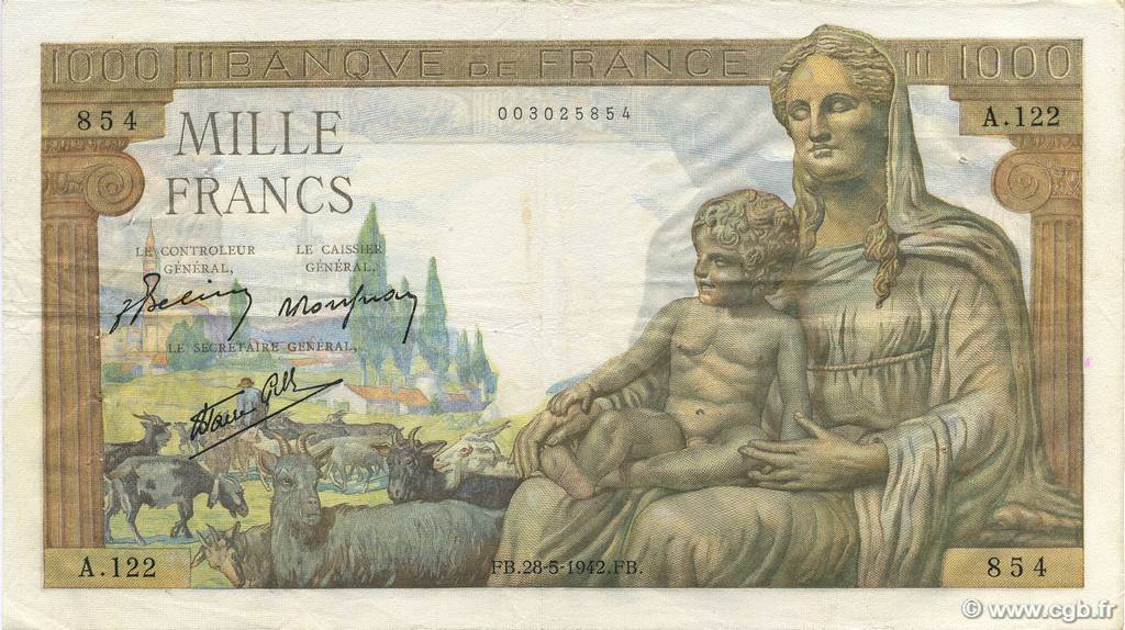 1000 Francs DÉESSE DÉMÉTER FRANCIA  1942 F.40.01 BB