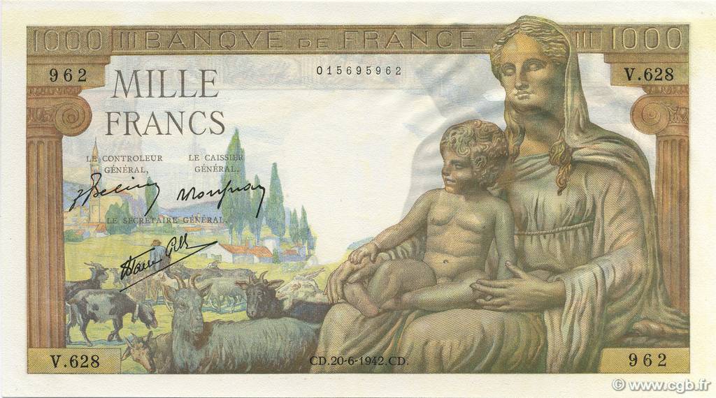 1000 Francs DÉESSE DÉMÉTER FRANKREICH  1942 F.40.03 ST