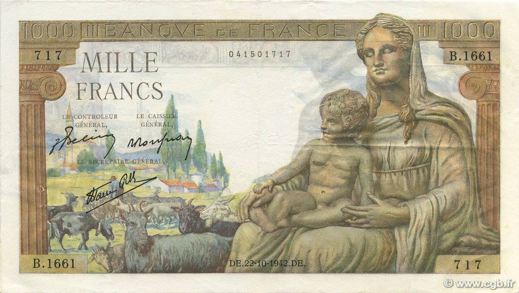 1000 Francs DÉESSE DÉMÉTER FRANCIA  1942 F.40.09 BB