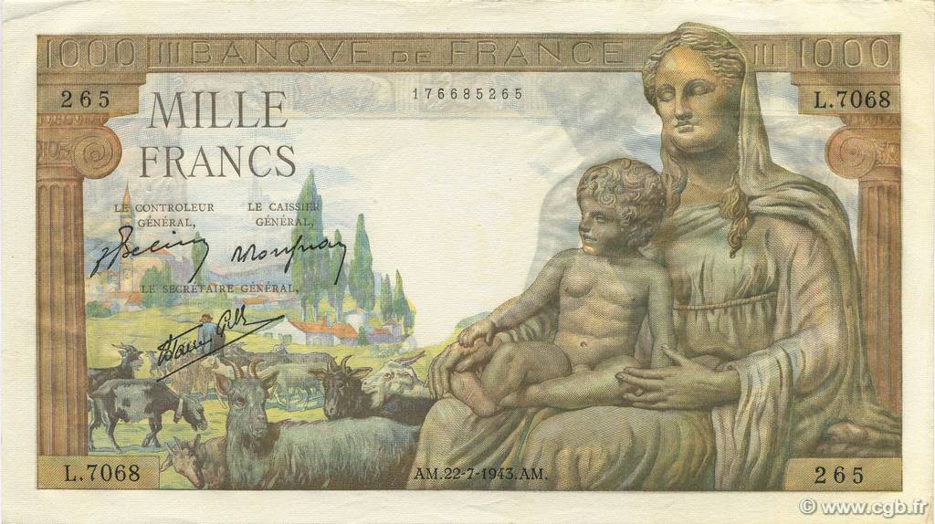 1000 Francs DÉESSE DÉMÉTER FRANKREICH  1943 F.40.31 fST