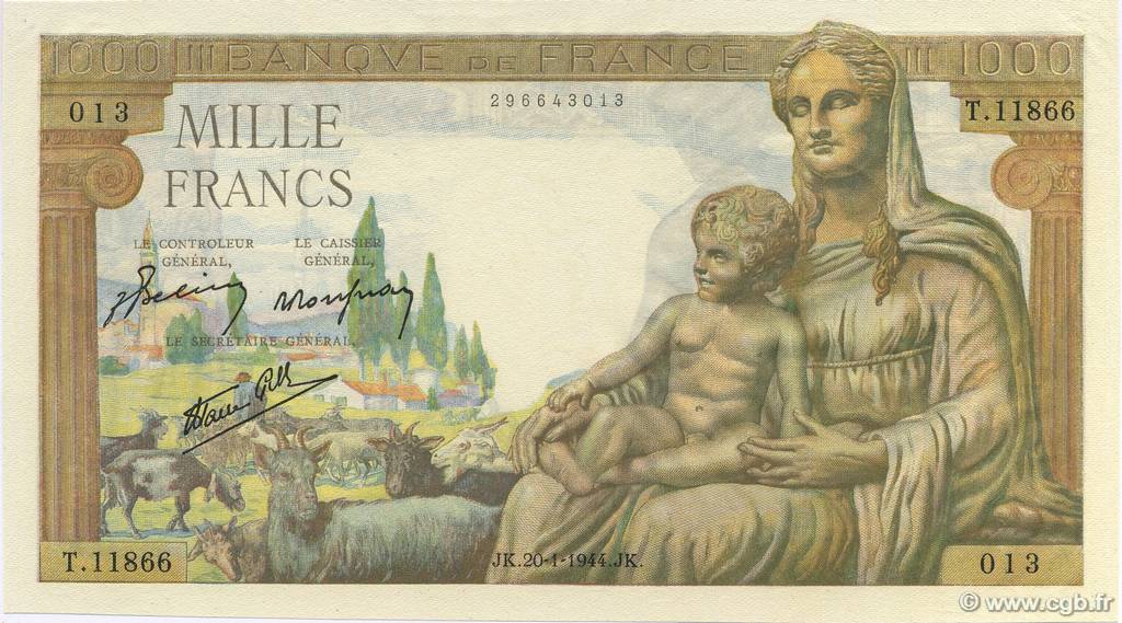 1000 Francs DÉESSE DÉMÉTER FRANCIA  1944 F.40.43 q.FDC