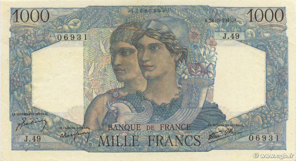 1000 Francs MINERVE ET HERCULE FRANCIA  1945 F.41.05 q.SPL