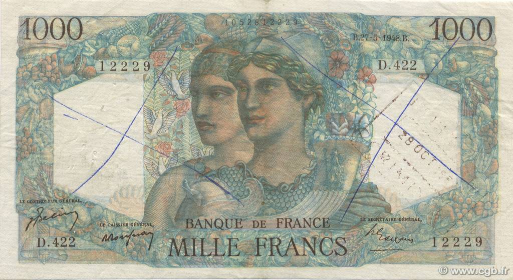 1000 Francs MINERVE ET HERCULE FRANKREICH  1948 F.41.21 fVZ