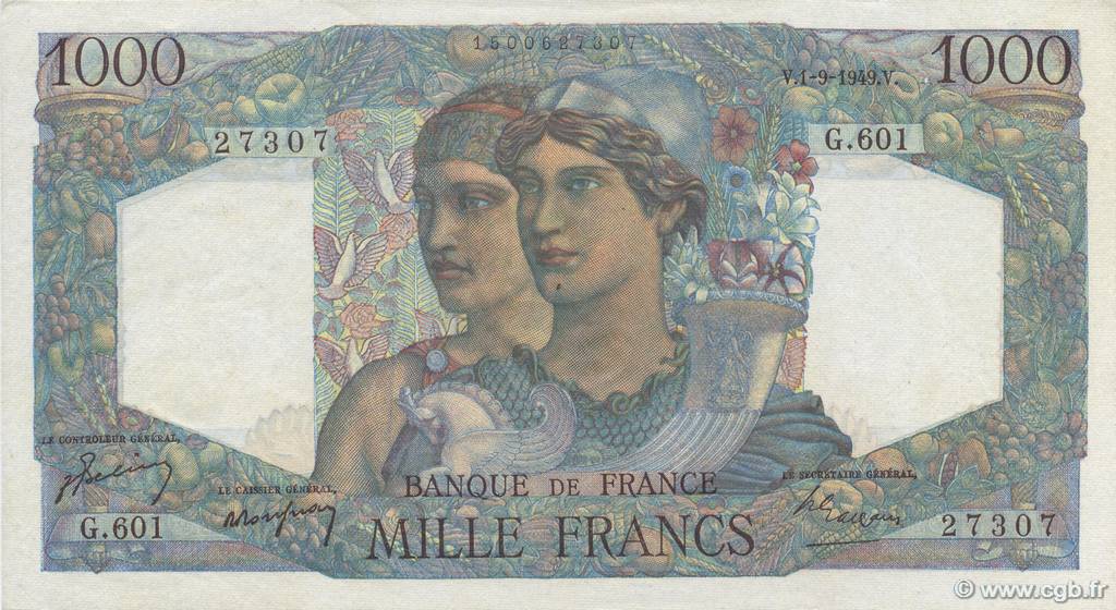 1000 Francs MINERVE ET HERCULE FRANKREICH  1949 F.41.28 fST
