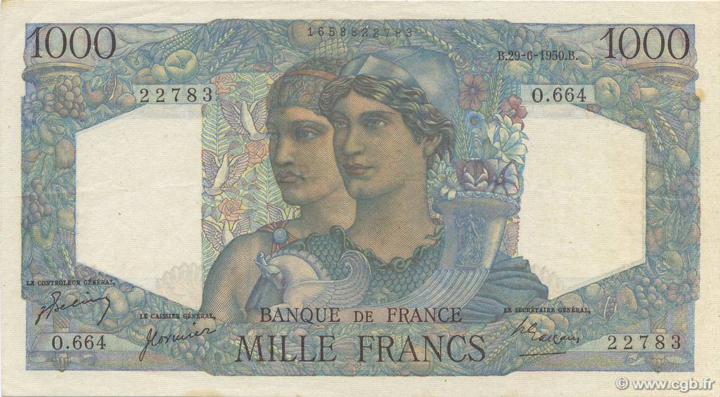 1000 Francs MINERVE ET HERCULE FRANKREICH  1950 F.41.33 fVZ to VZ