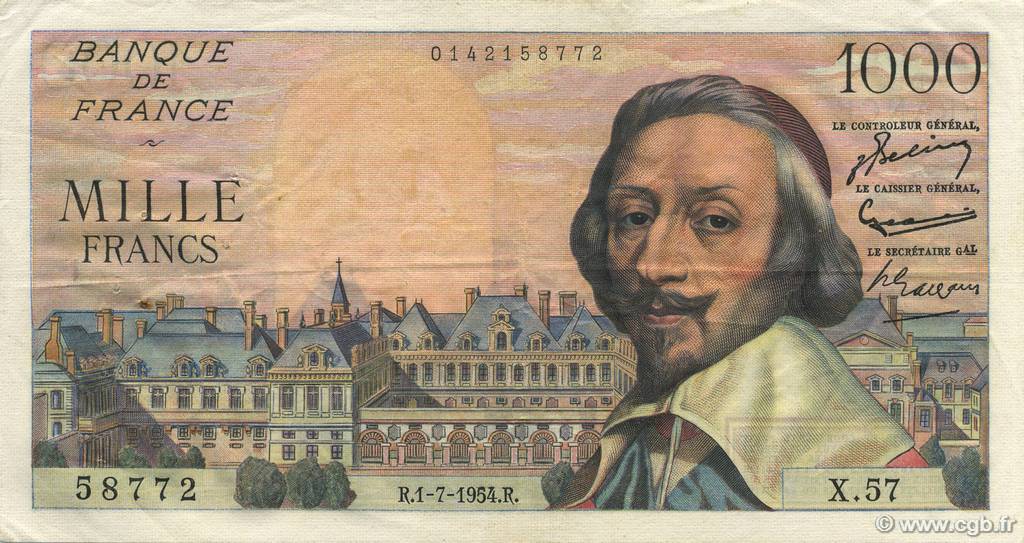 1000 Francs RICHELIEU FRANCE  1954 F.42.06 VF+