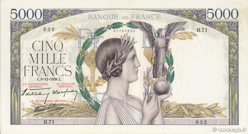 5000 Francs VICTOIRE Impression à plat FRANCIA  1938 F.46.01 BB to SPL