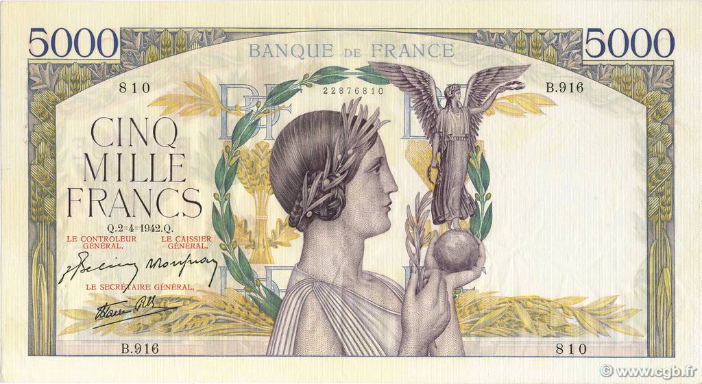 5000 Francs VICTOIRE Impression à plat FRANKREICH  1942 F.46.36 VZ