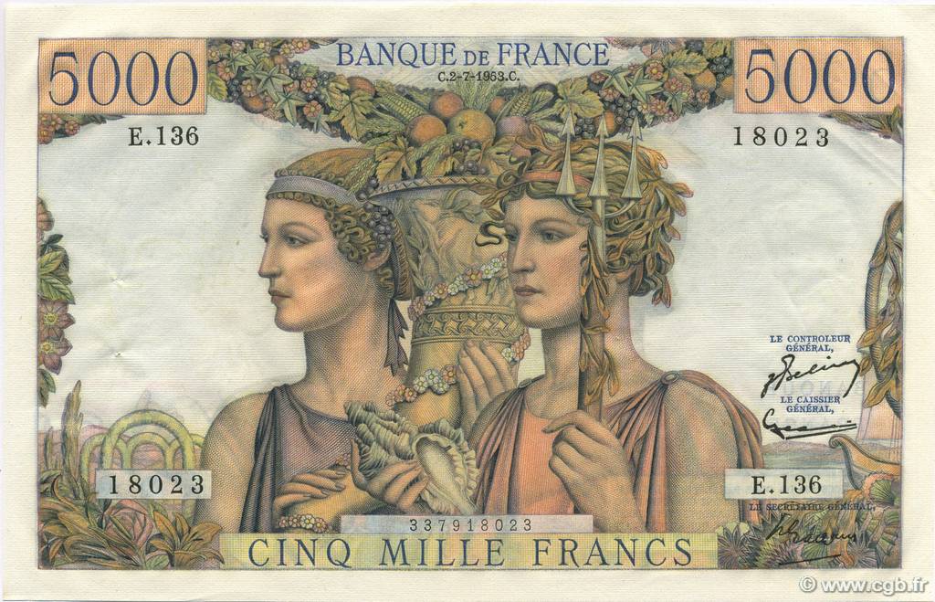 5000 Francs TERRE ET MER FRANCE  1953 F.48.09 pr.SPL