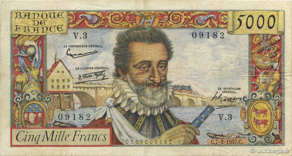 5000 Francs HENRI IV FRANCE  1957 F.49.01 F+
