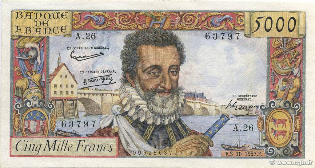 5000 Francs HENRI IV FRANCE  1957 F.49.03 VF+