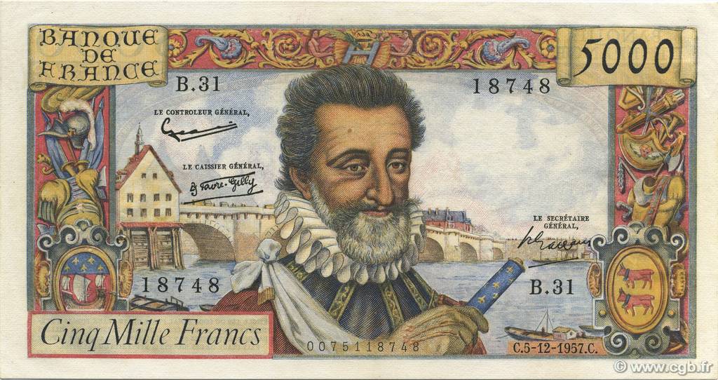 5000 Francs HENRI IV FRANCE  1957 F.49.04 XF+