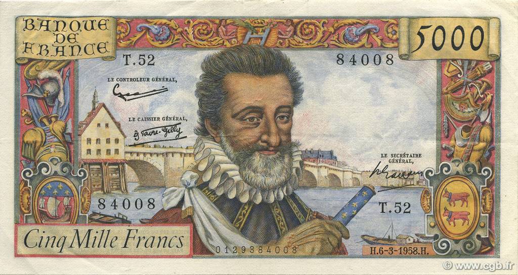 5000 Francs HENRI IV FRANKREICH  1958 F.49.06 VZ+