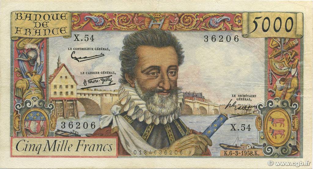 5000 Francs HENRI IV FRANCIA  1958 F.49.06 BC+