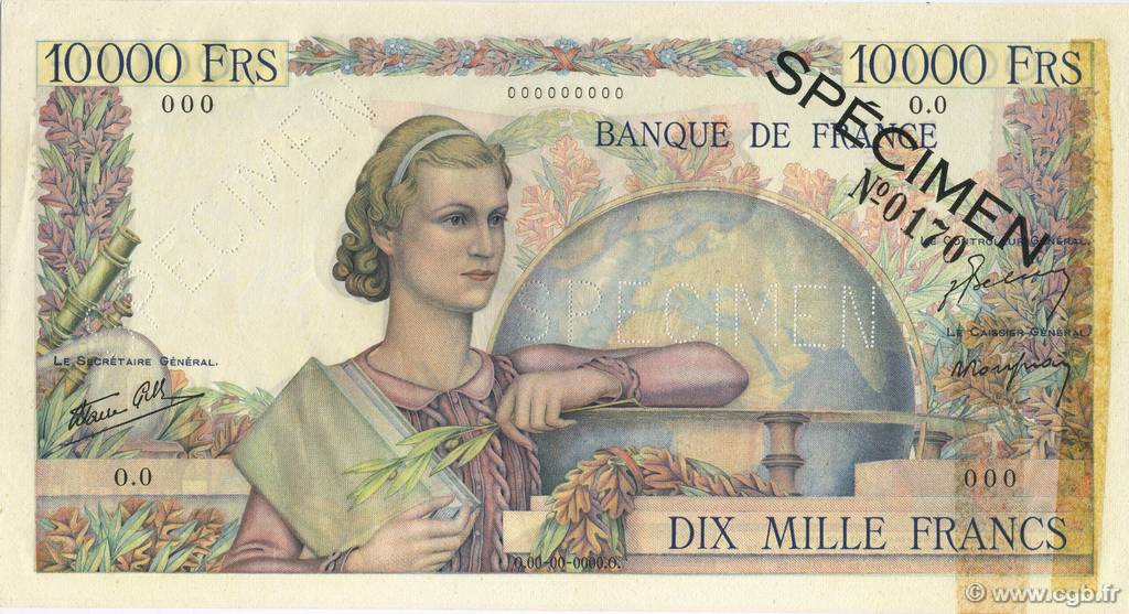 10000 Francs GÉNIE FRANÇAIS Spécimen FRANCE  1945 F.50.01Spn XF+