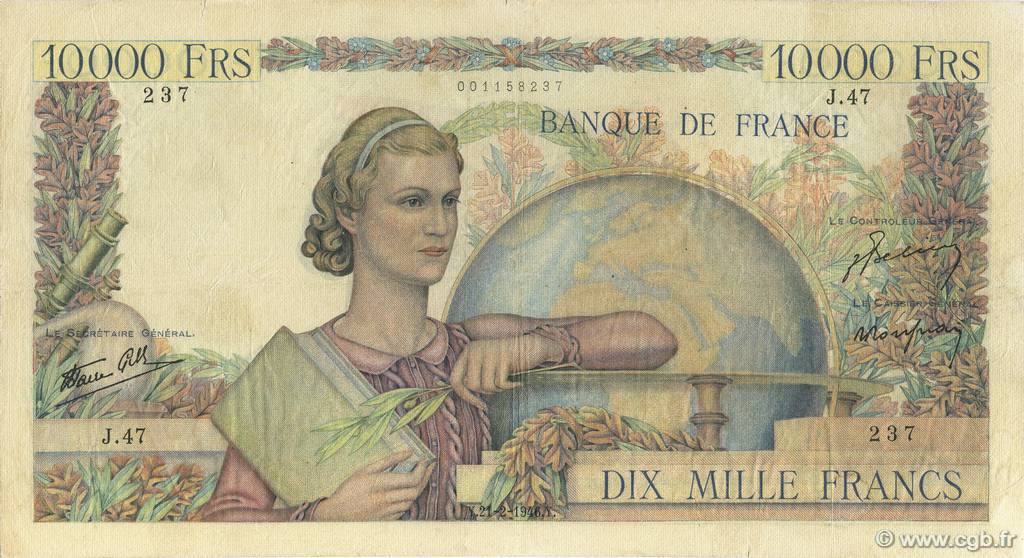 10000 Francs GÉNIE FRANÇAIS FRANCE  1946 F.50.02 VF-